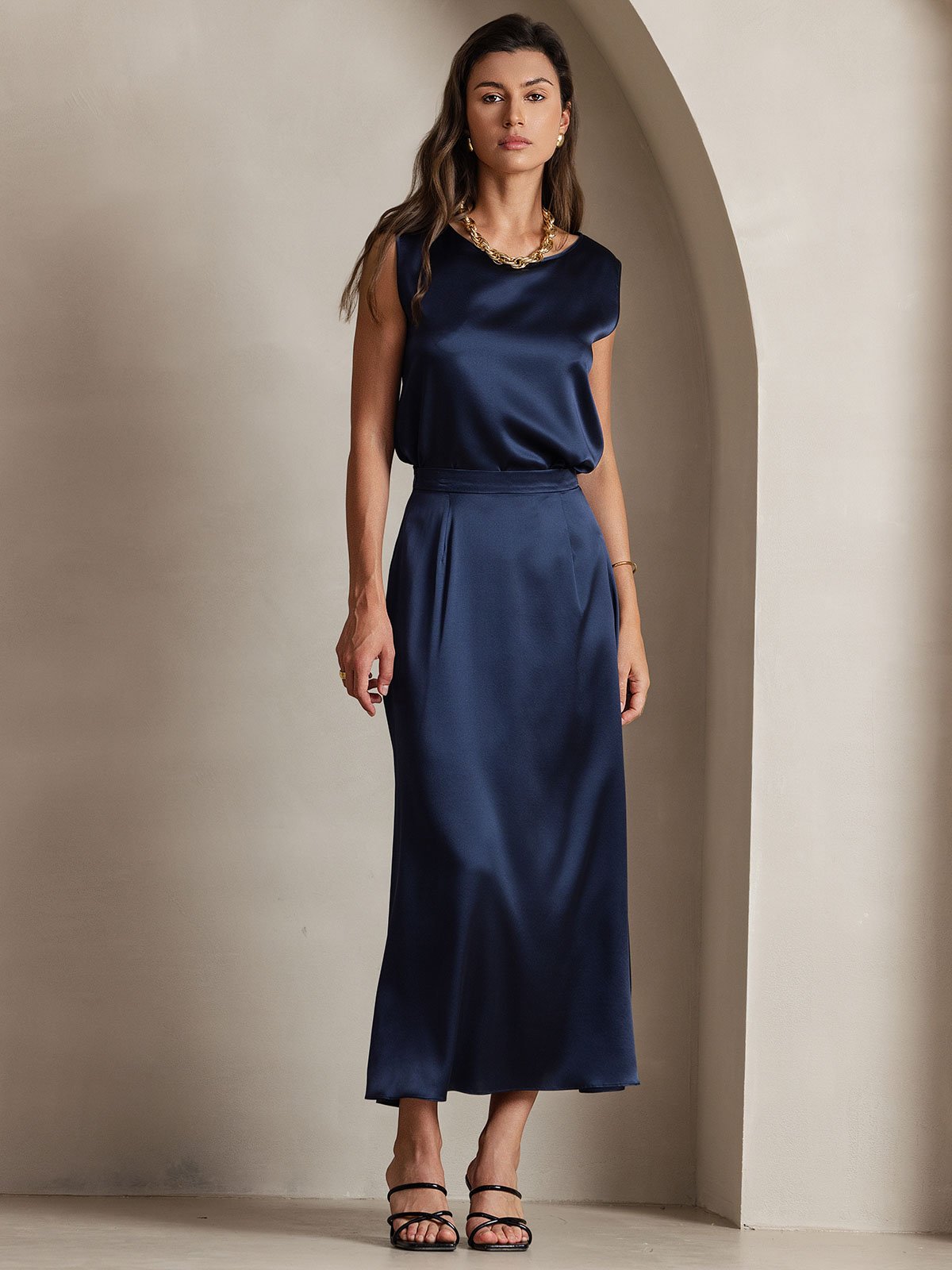 [Bleu Foncé] SilkSilky-FR 19Momme Soie Skirt 006