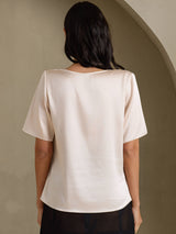 [Beige] SilkSilky-FR Short Sleeve Cowl Neck Blouse 002