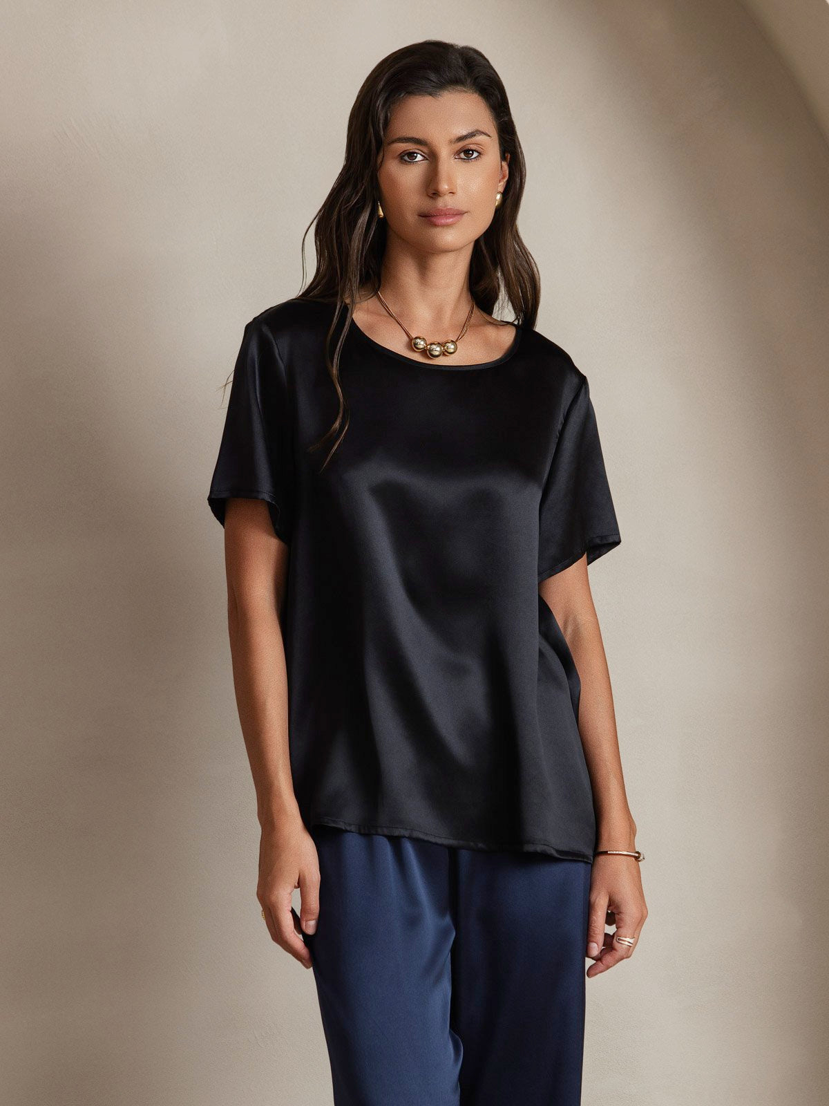 SilkSilky-FR Pure Soie Manches courtes Col Rond Femme T-Shirt Noir 001