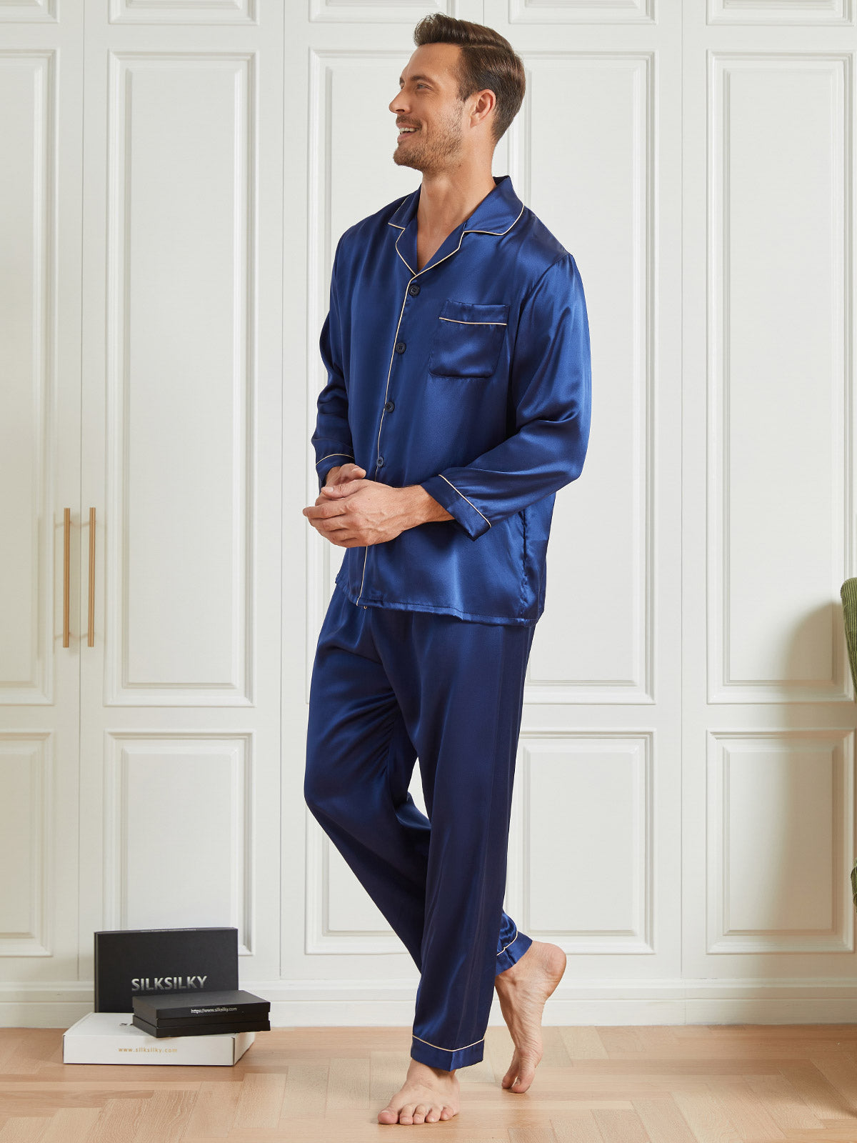 SilkSilky FR 19Momme Pure Soie Manches longues Revers Homme Pyjamas BleuFoncé 002