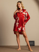 [Rouge Foncé] SilkSilky-FR 19Momme Manches longues Col Cranté Chemise pour dormir 006