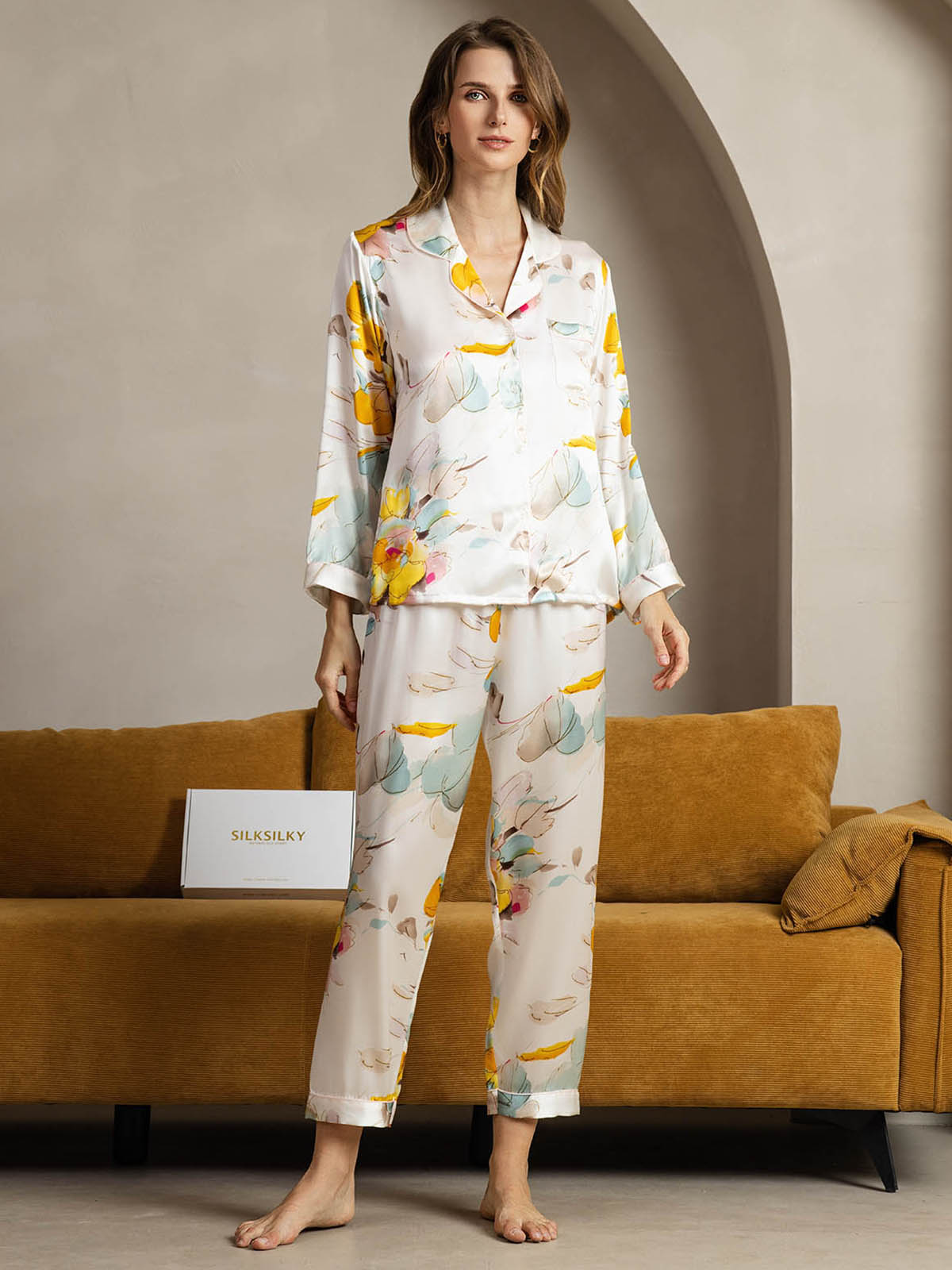 [Encre Orchidée] SilkSilky-FR Pure Soie Womens Pajamas 001