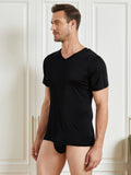 SilkSilky-FR Soie Tricotée Manches courtes Col en V Homme T-Shirt Noir 003