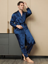 [Bleu Foncé] SilkSilky-FR Pure Soie Manches longues Revers Homme Peignoir 005