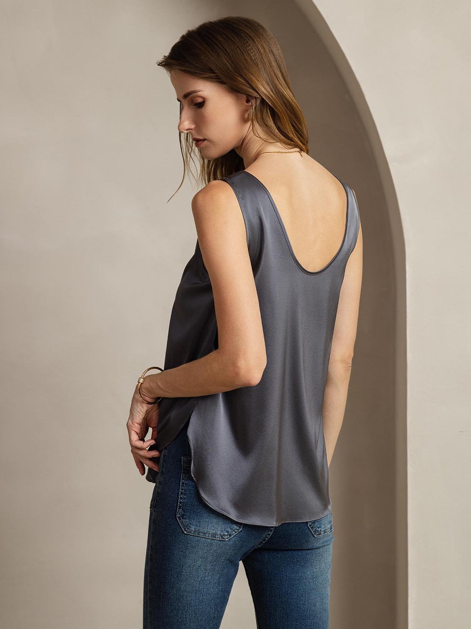 [GrisFoncé] SilkSilky-FR 19Momme Soie Womens T-Shirt 003