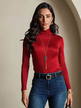 [Rouge Vineux] SilkSilky-FR Manches longues Col Roulé Femme T-Shirt 001