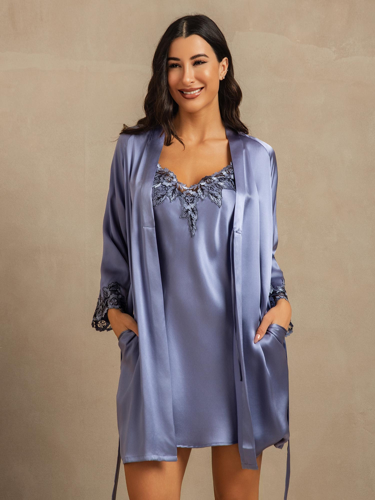 [Bleu Acier] SilkSilky-FR Trois-quart Nightgown&Robe Set 007