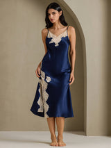 [Bleu Foncé] SilkSilky-FR Sleeveless V Neck Chemises de nuit 001