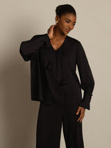 [Noir] SilkSilky-FR Long Sleeve V Neck Blouse 004