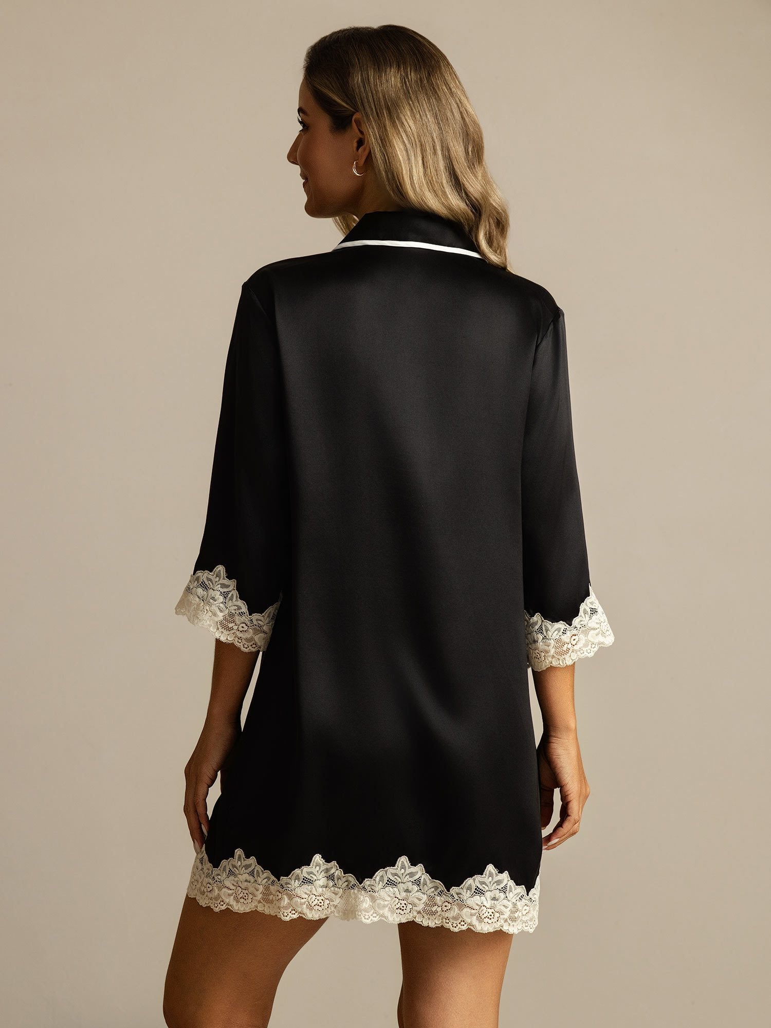 [Noir] SilkSilky-FR Soie Col Chemise Chemise pour dormir 002