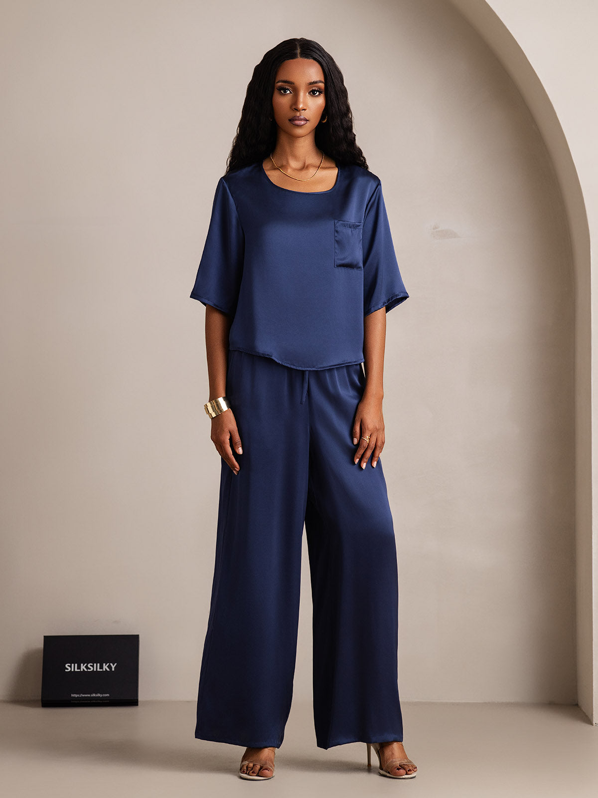 [Bleu Foncé] SilkSilky-FR Pure Soie Col Rond Femme Pyjamas 005
