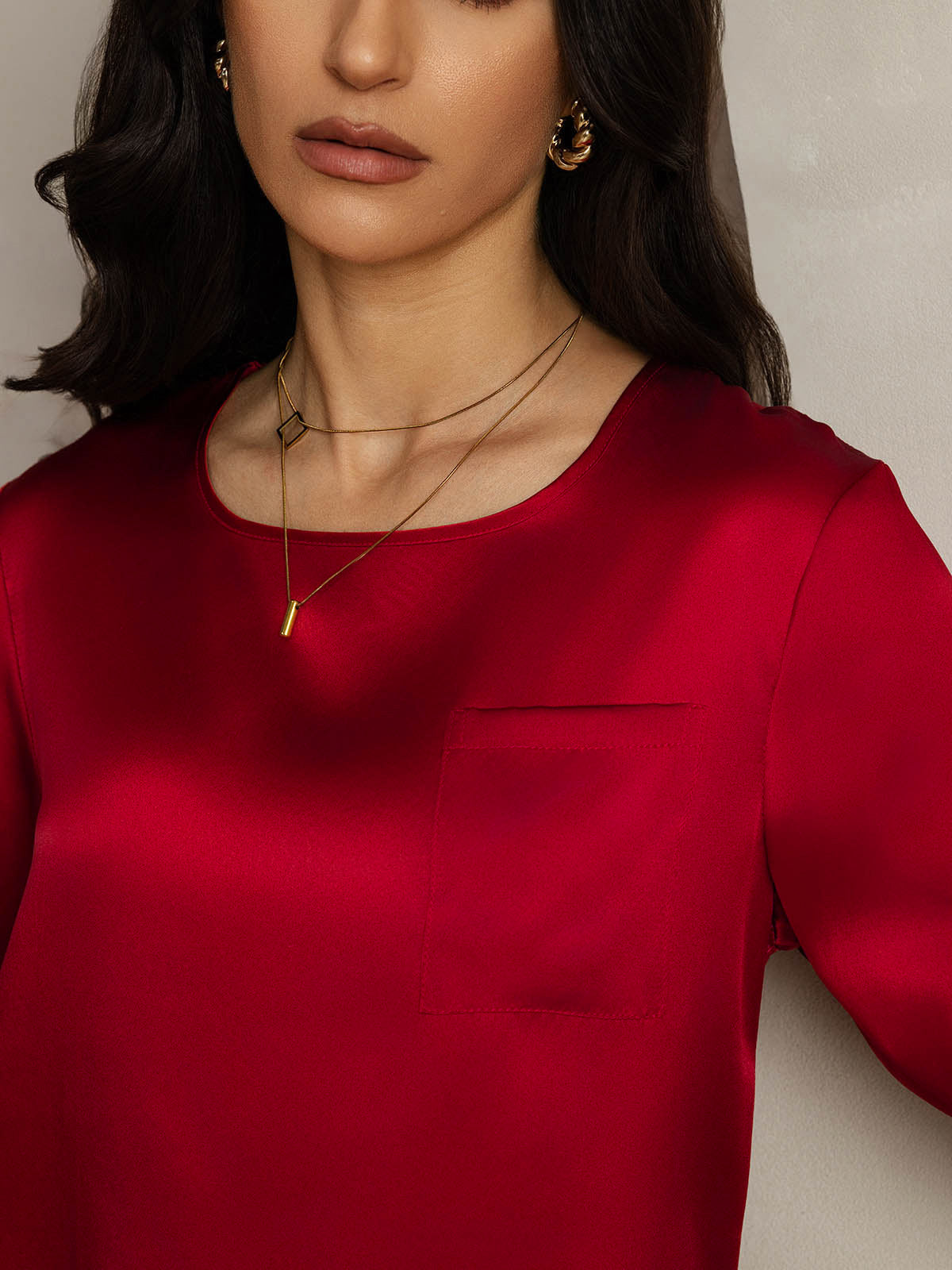 [Rouge Foncé] SilkSilky-FR Pure Soie Col Bateau Femme T-Shirt 004