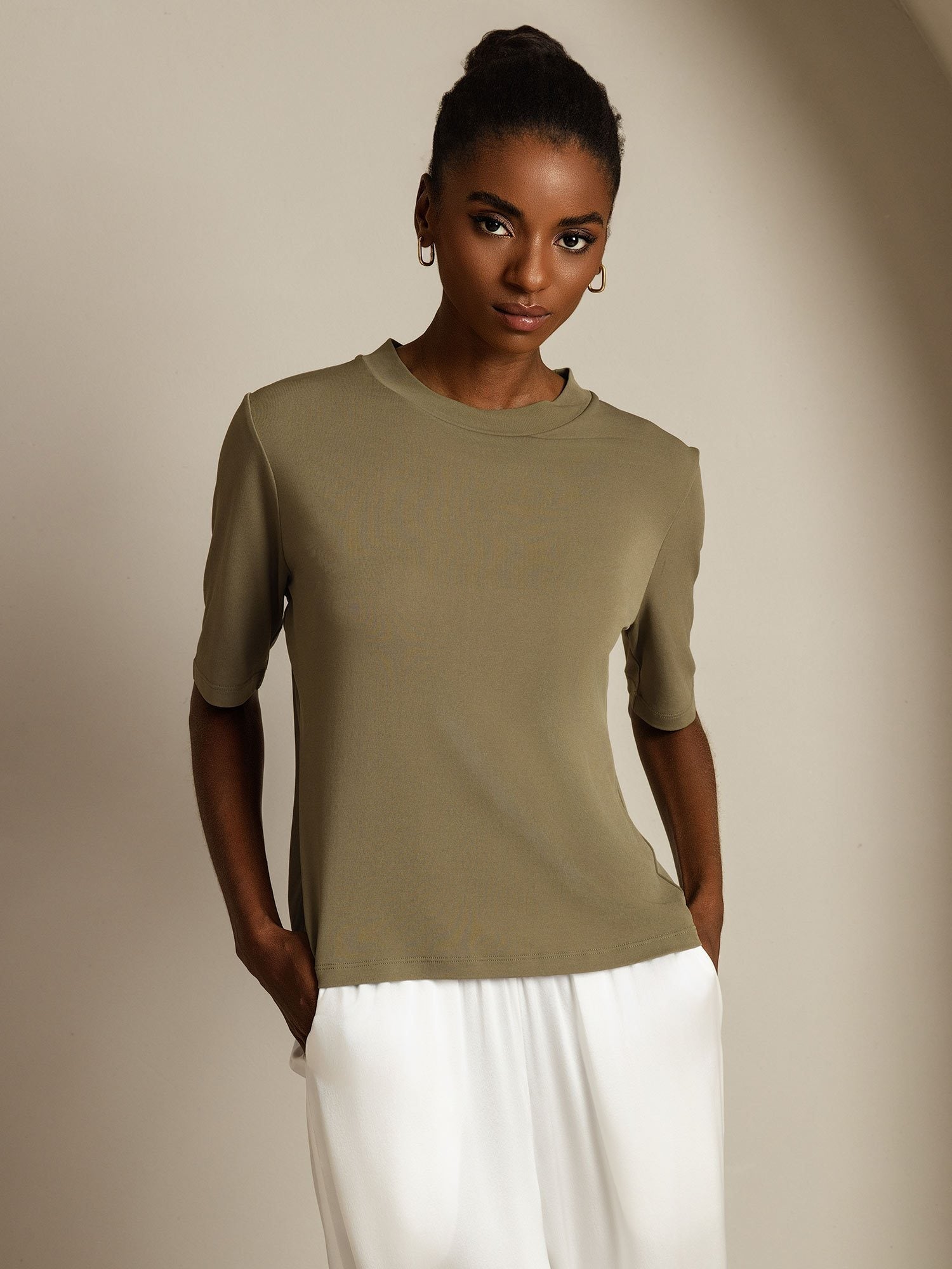 [Olive Brûlée] SilkSilky-FR Soie Col Rond Femme T-Shirt 003