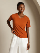 [Orange] SilkSilky-FR Short Sleeve V Neck Femme T-Shirt 007