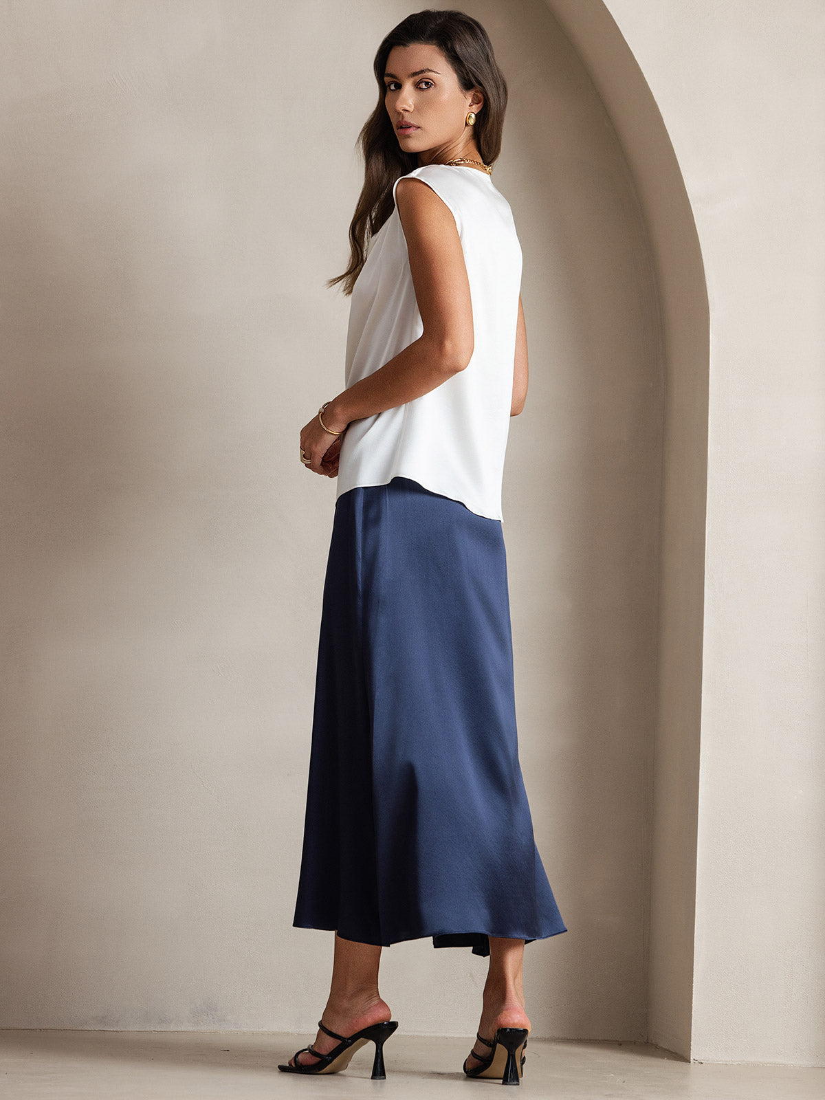 [Blanc] SilkSilky-FR 19Momme Soie Col Bénitier Femme T-Shirt 002