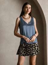 [Bleu Canard Véritable] SilkSilky-FR Sleeveless V Neck Top À Fines Brides 007