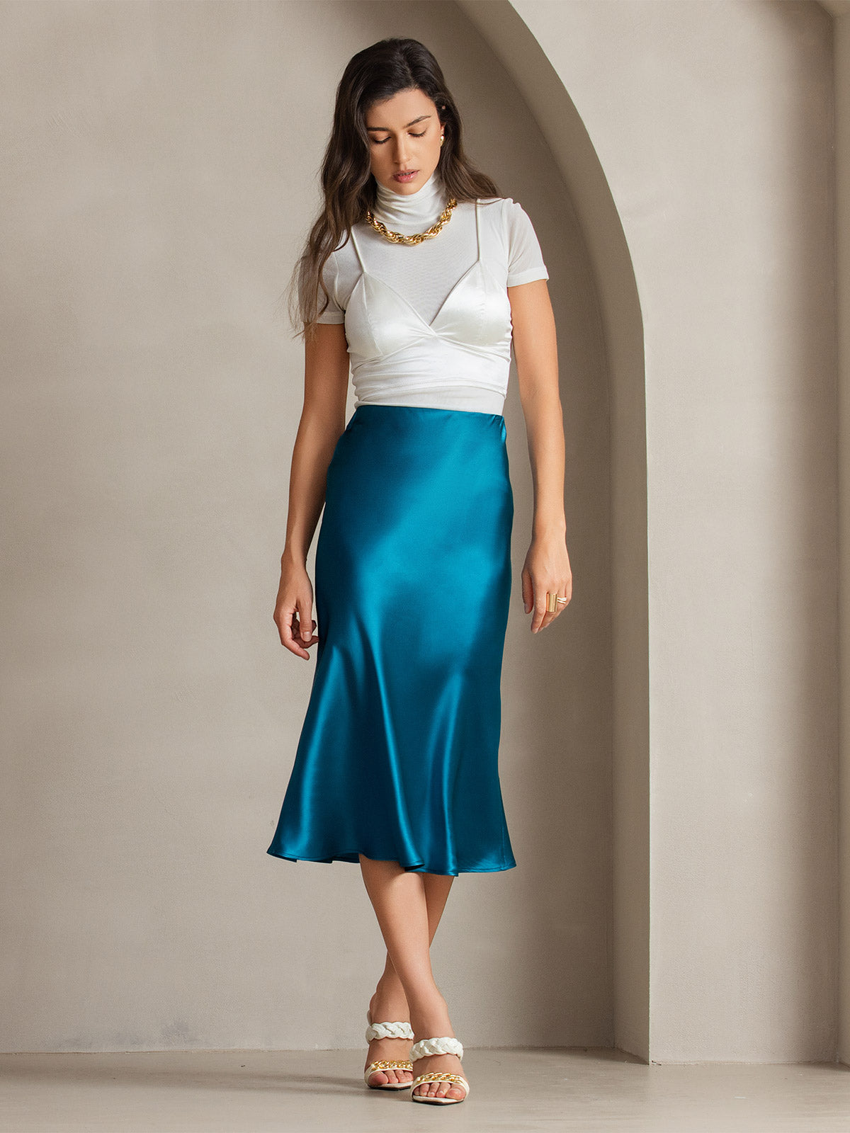 SilkSilky-FR 19Momme Pure Soie Skirt BleuRoyal 005