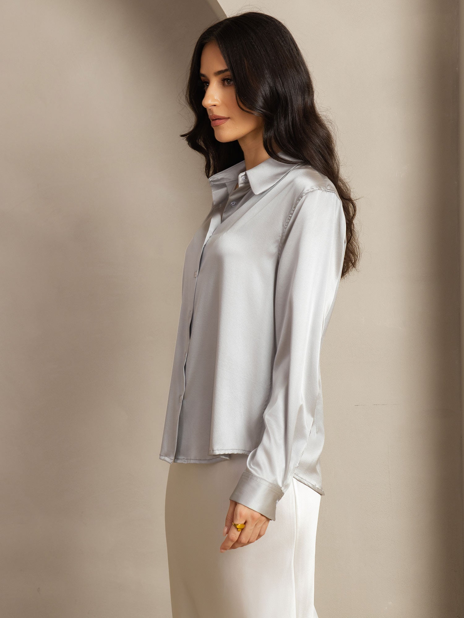 [Gris Clair] SilkSilky-FR Soie Col Chemise Femme Chemise 003