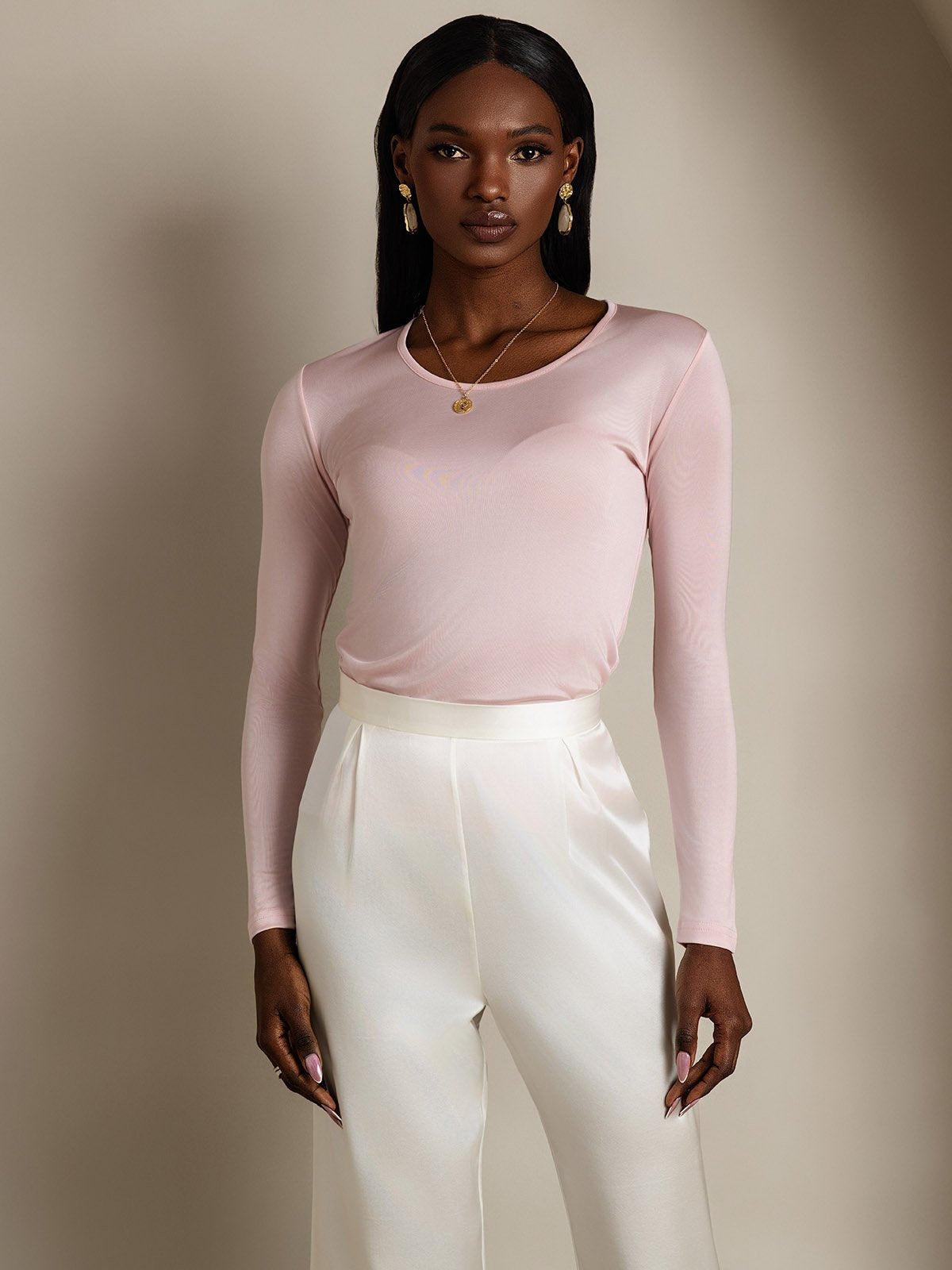 [Rose Corail] SilkSilky-FR Manches longues Col Rond Femme T-Shirt 001
