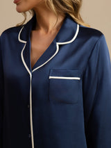 [Bleu Foncé] SilkSilky-FR Manches longues Col Cranté Femme Pyjamas 004