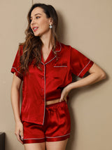 [Rouge Vineux] SilkSilky-FR Manches courtes Col Cranté Femme Pyjamas 005