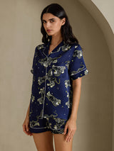 [Lion Bleu Marine] SilkSilky-FR Short Sleeve Notch Collar Femme Pyjamas 003