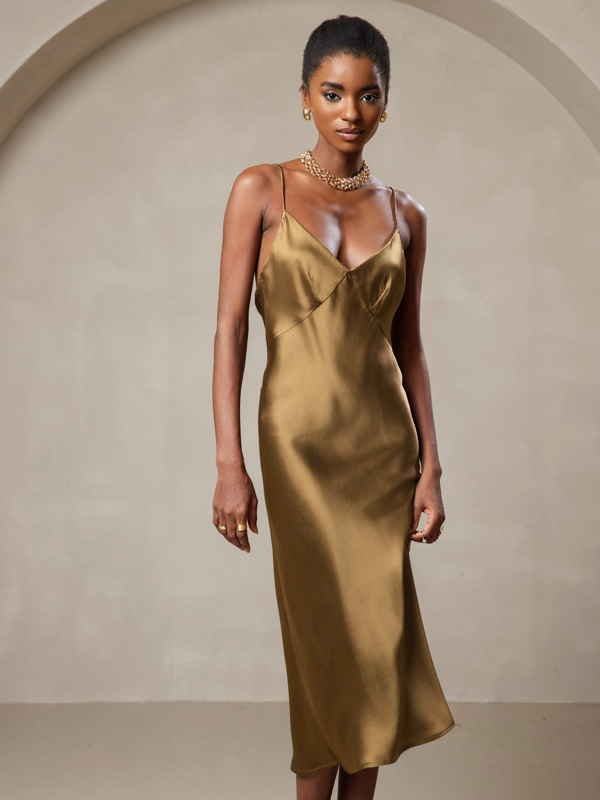 [Brun] SilkSilky-FR 19Momme Pure Soie Col en V Robes 005
