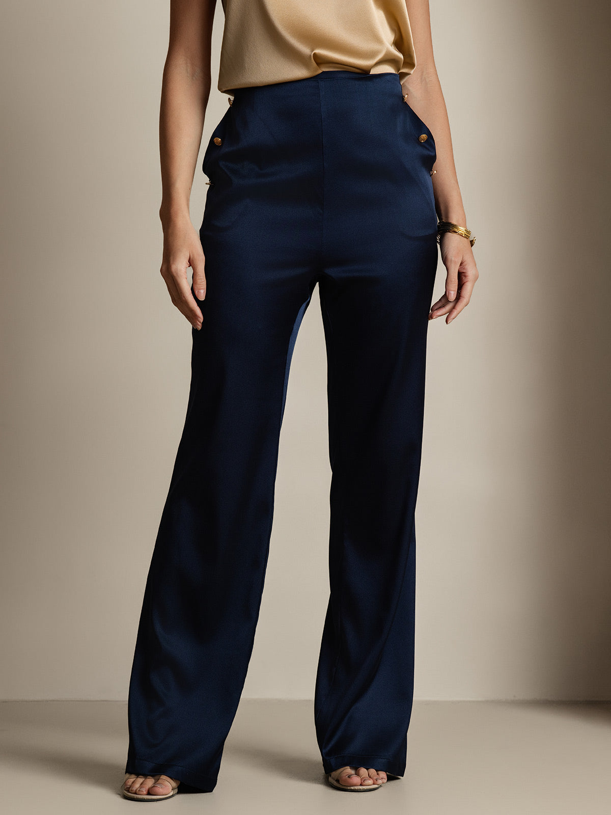 [Bleu Foncé] SilkSilky-FR 19Momme Soie Womens Pants 003