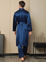 [Bleu Foncé] SilkSilky-FR Pure Soie Manches longues Revers Homme Peignoir 002