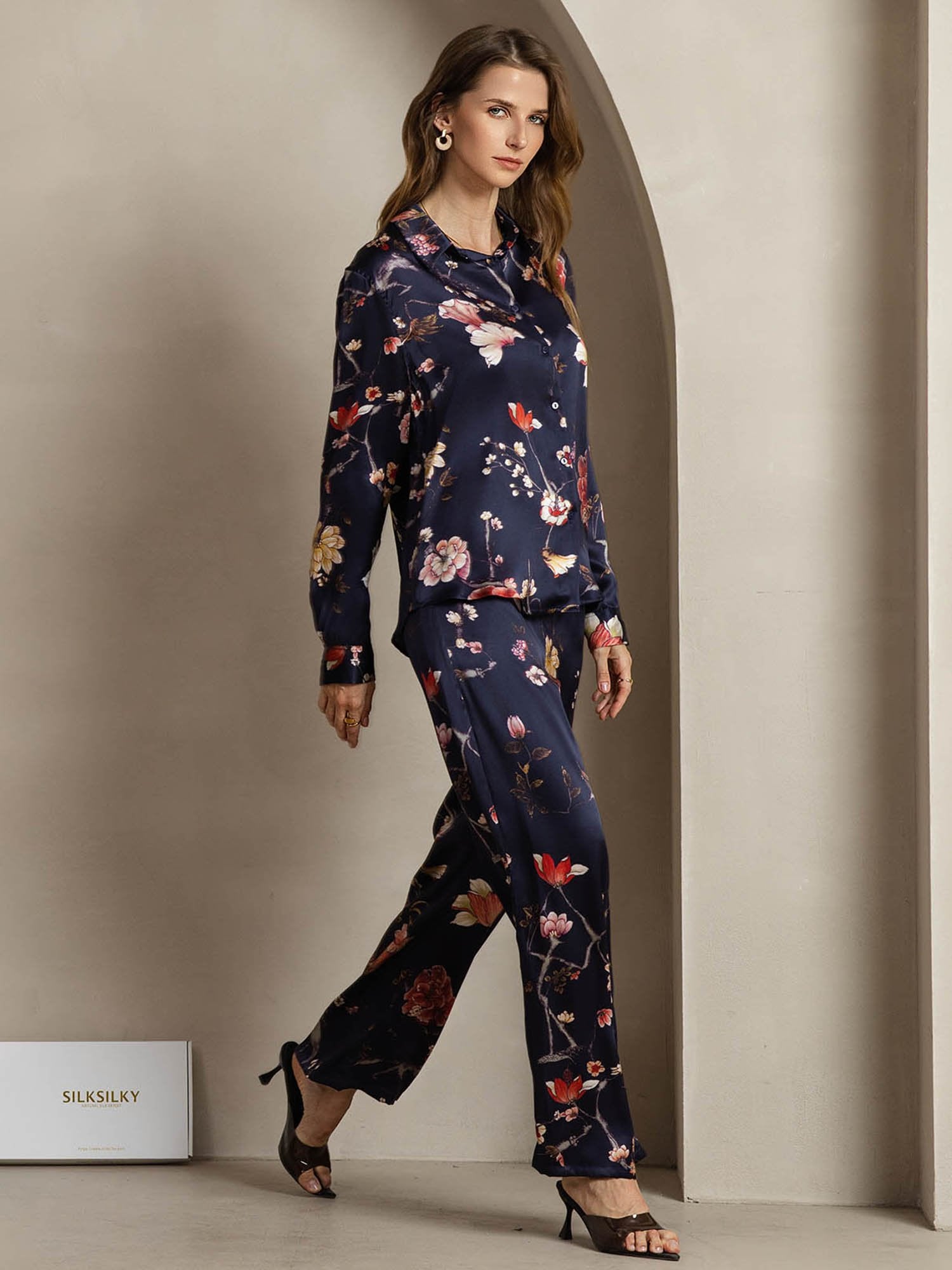 [FloralMarine] SilkSilky-FR 19Momme Soie Col Chemise Women''s Outfit Sets 005