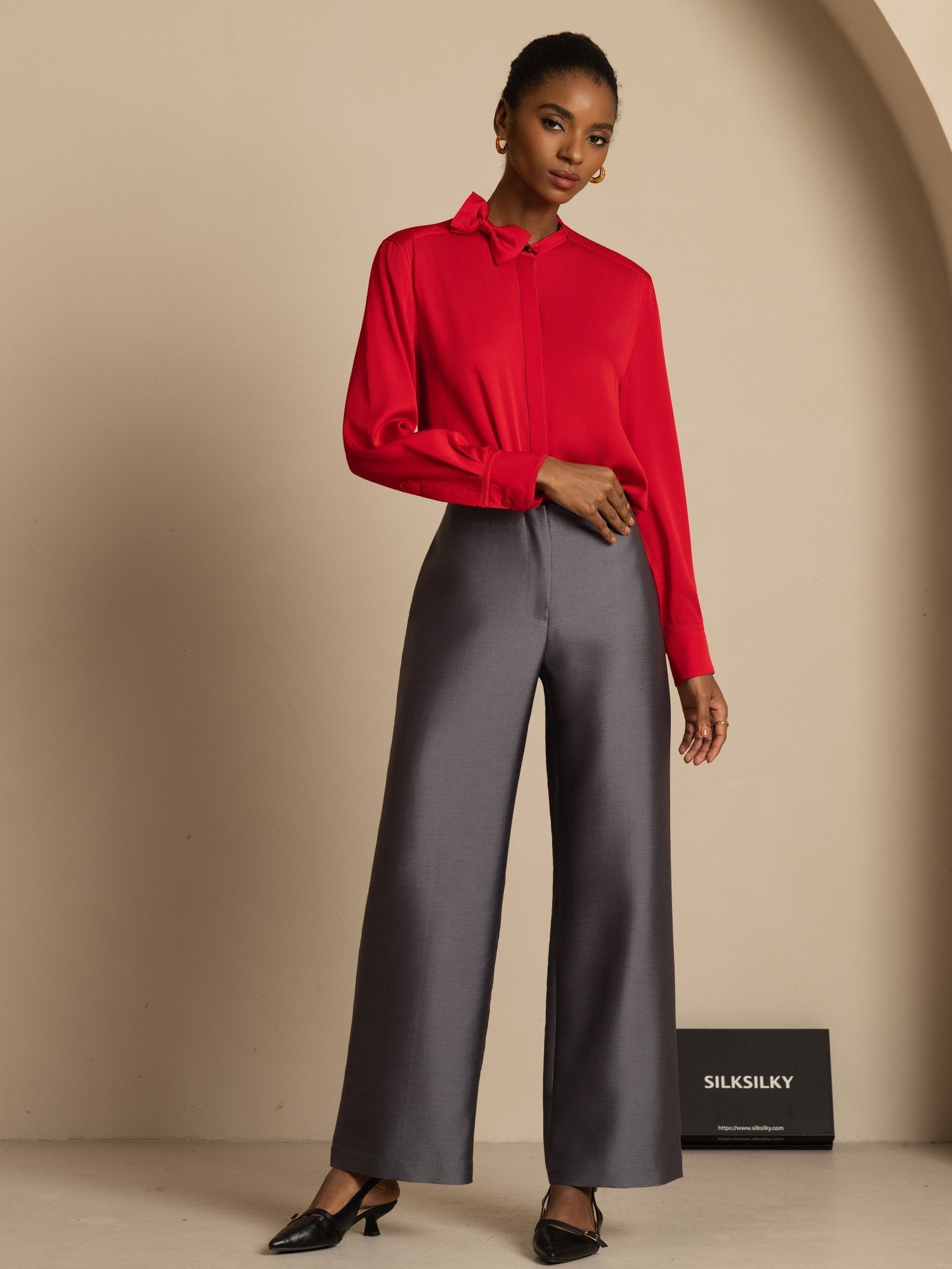 [RougeVineux] SilkSilky-FR 19Momme Soie Manches longues Col Montant Blouse 008