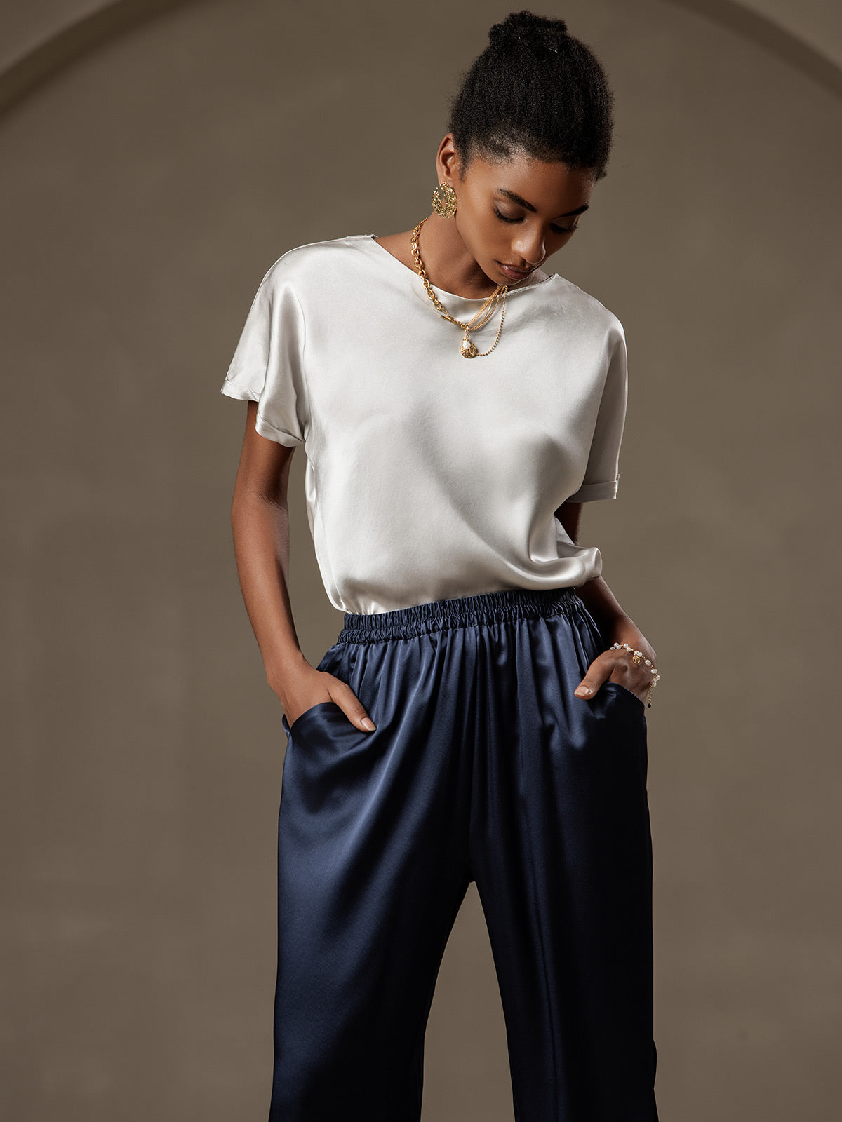 [Bleu Foncé] SilkSilky-FR 19Momme Soie Womens Pants 006