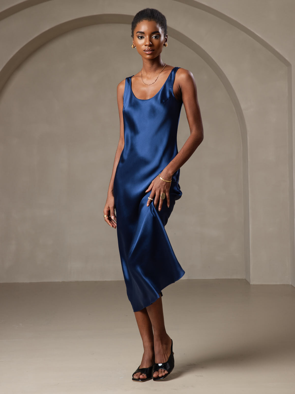 [Bleu Foncé] SilkSilky-FR Pure Soie Col Bateau Robes 006