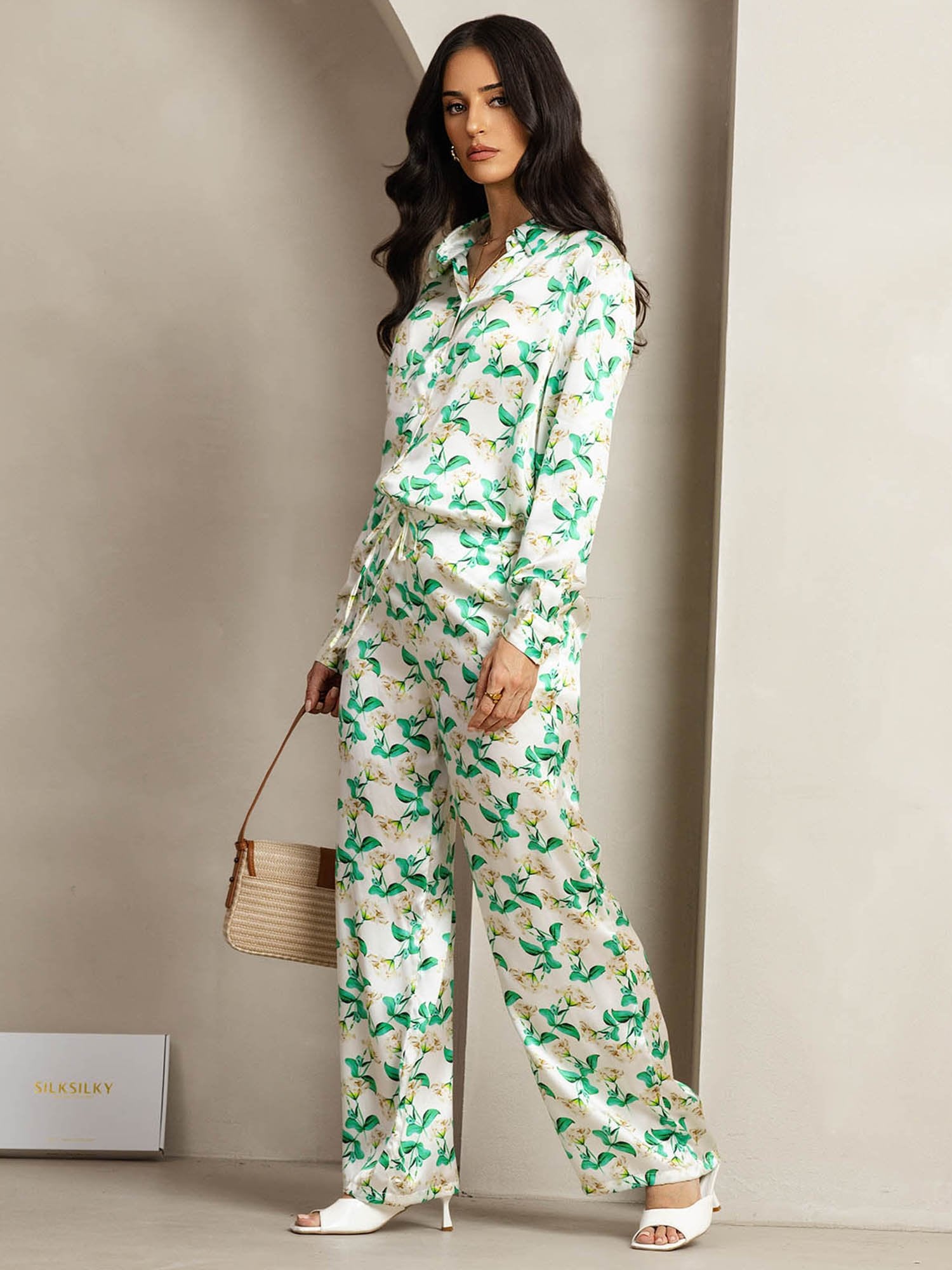 [FloralVert] SilkSilky-FR 19Momme Soie Col Chemise Women''s Outfit Sets 003