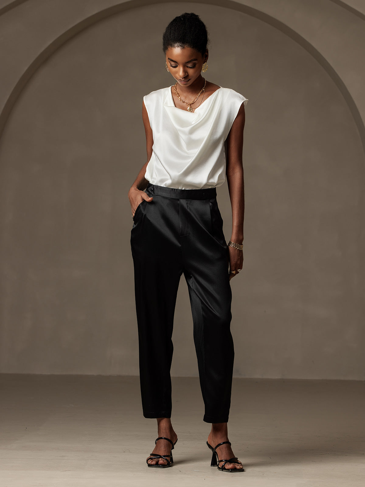 [Noir] SilkSilky-FR 19Momme Soie Womens Pants 001