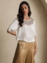 [Blanc] SilkSilky-FR Manches mi-longues Encolure Dégagée Femme T-Shirt 006