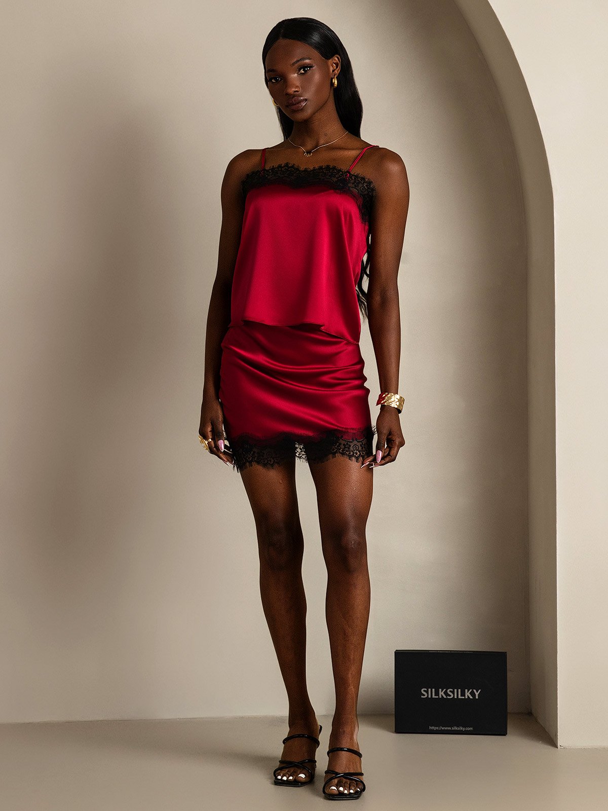 SilkSilky-FR 19Momme Soie Camisole Set RougeVineux 001