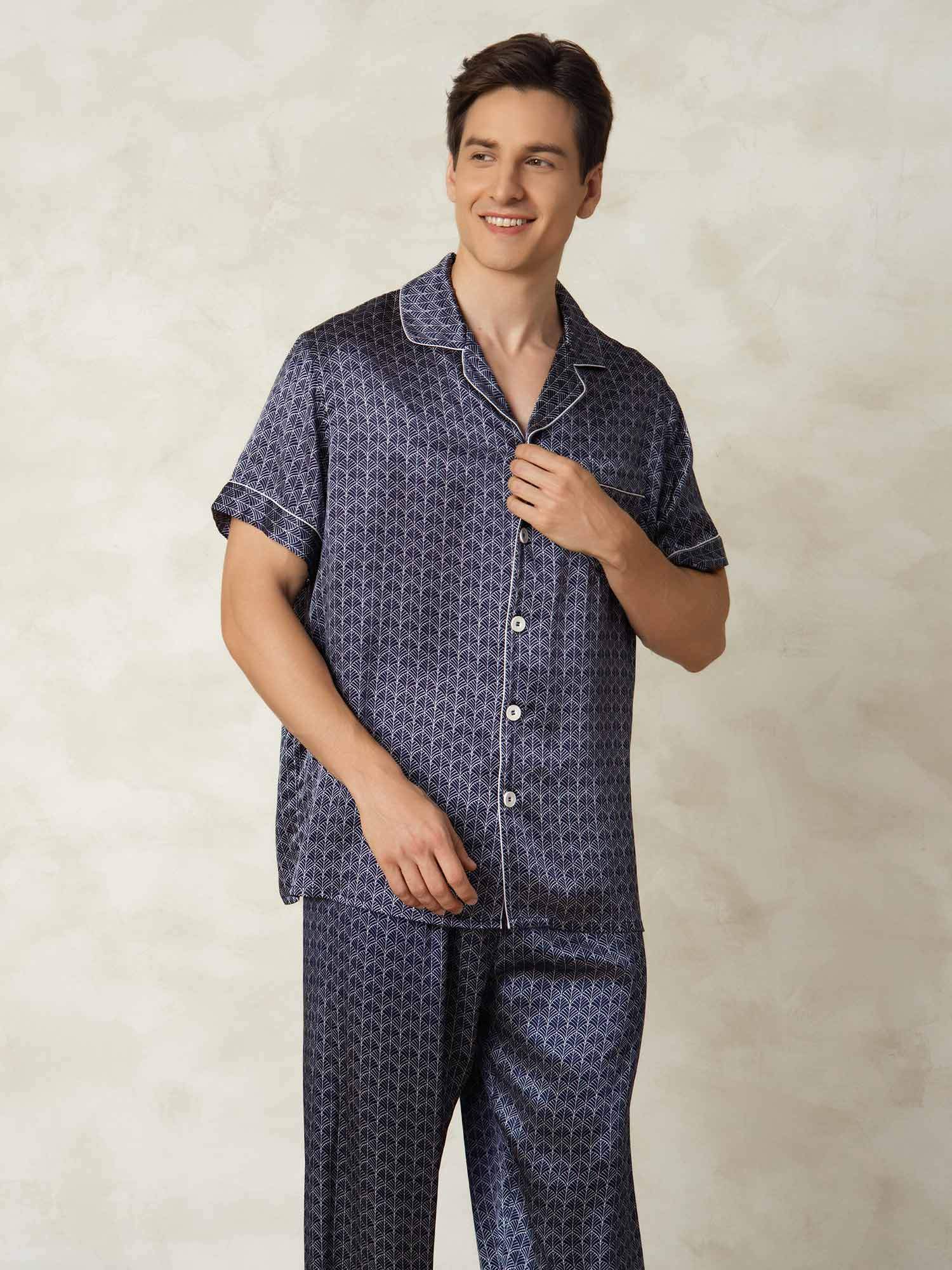 [GinkgoMarine] SilkSilky-FR Soie Col Chemise Homme Pyjamas 003