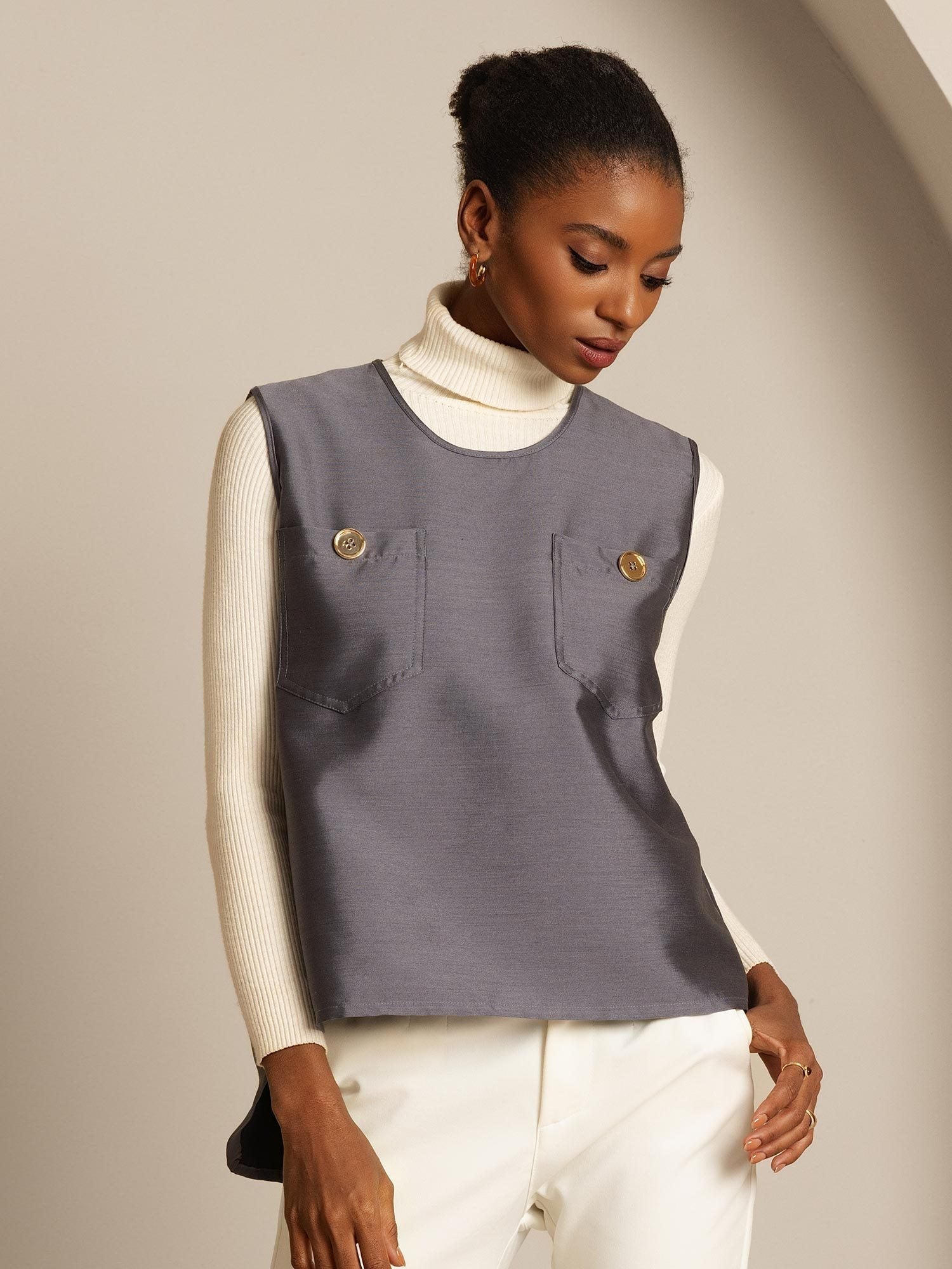 [Gris] SilkSilky-FR 32Momme Soie Womens Vest 006,