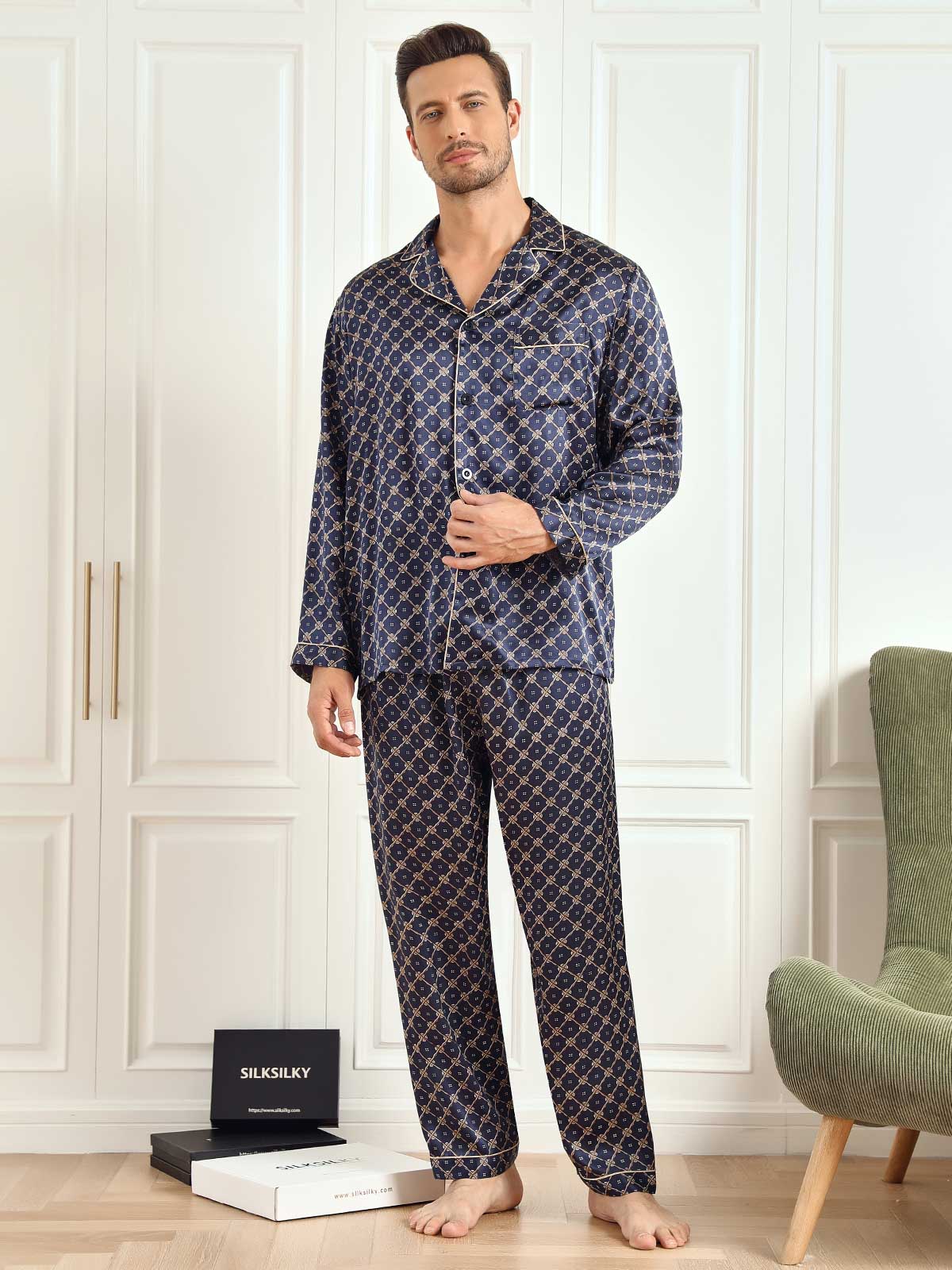 [Chaîne Marine] SilkSilky-FR 19Momme Pure Soie Mens Pajamas 004