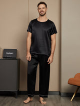 [Noir] SilkSilky-FR Pure Soie Manches courtes Col Rond Homme Pyjamas 001