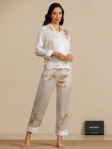 [Blanc] SilkSilky-FR 19Momme Manches longues Col Cranté Femme Pyjamas 001