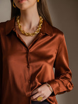 [Caramel] SilkSilky-FR Long Sleeve Lapel Collar Femme Chemise 006