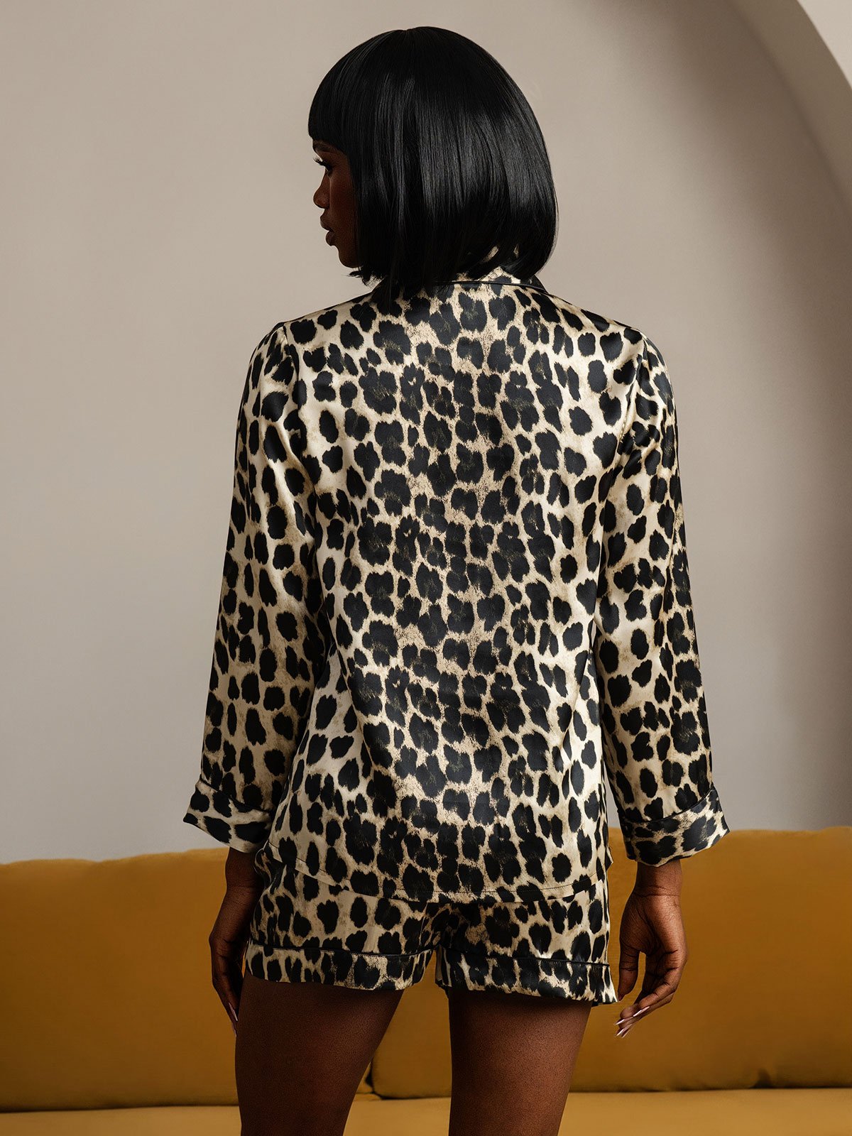 [Leopard] SilkSilky-FR Soie Manches longues Revers Femme Pyjamas 002
