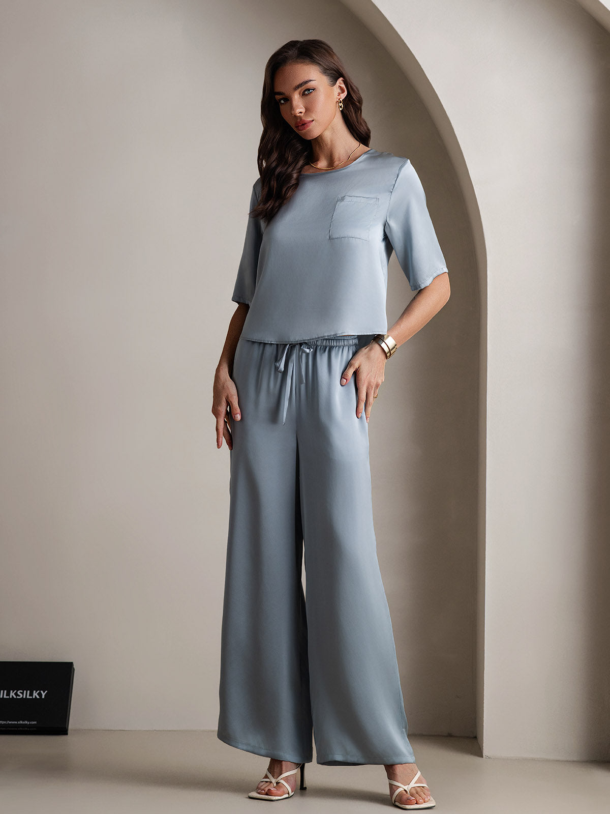 [Bleu Grisâtre] SilkSilky-FR Pure Soie Col Rond Femme Pyjamas 005