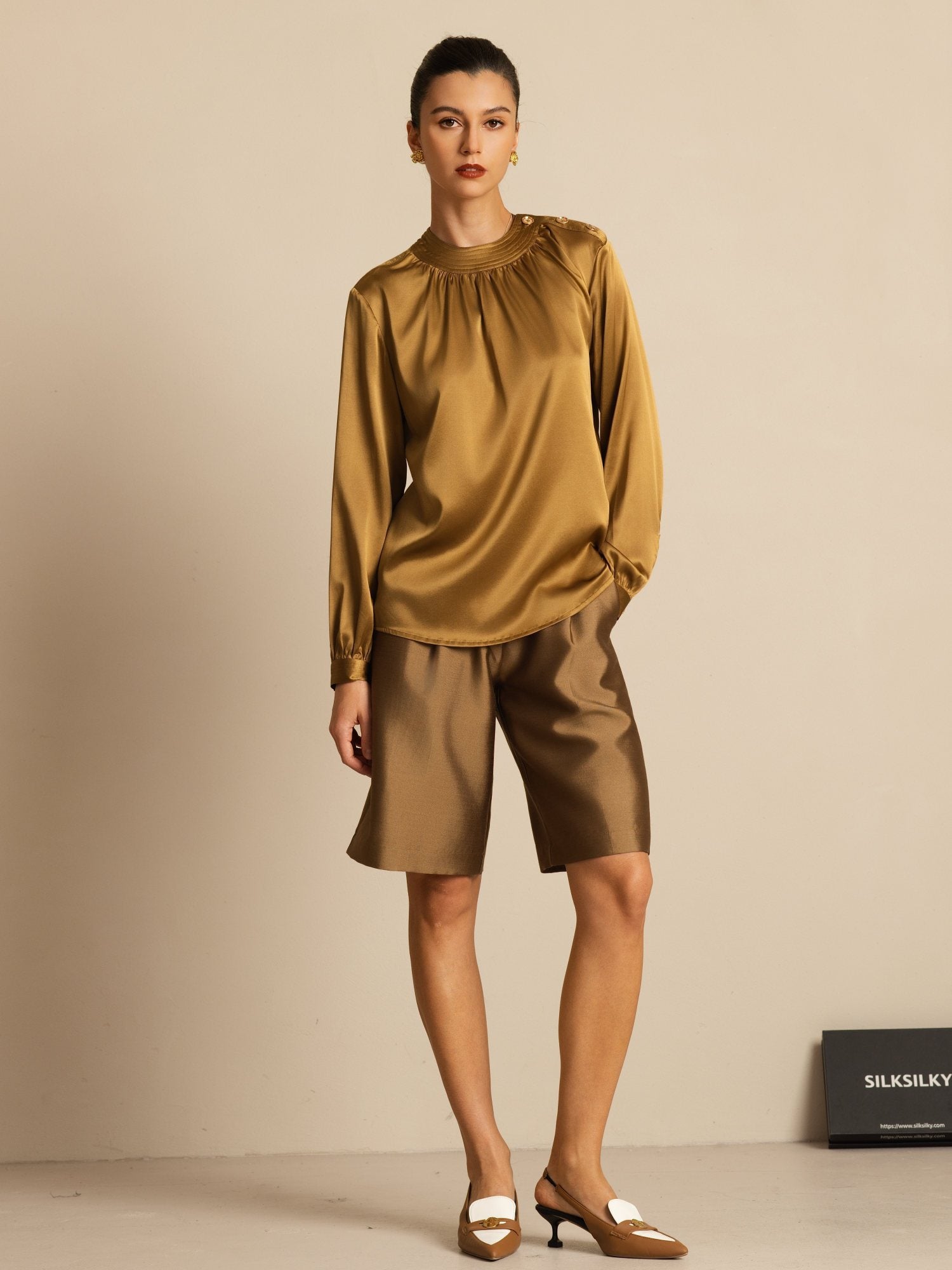 [Bronze] SilkSilky-FR 19Momme Soie Manches longues Col Rond Blouse 006