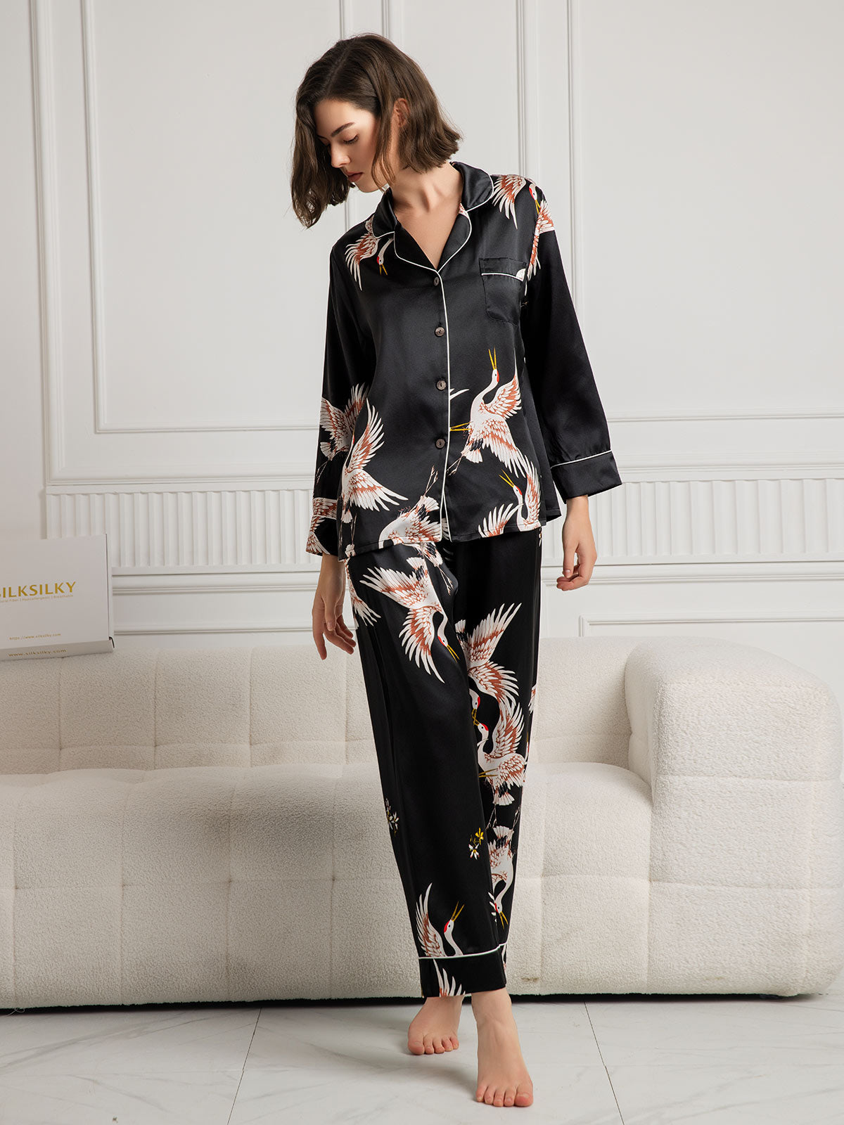 [Noir] SilkSilky-FR 19Momme Pure Soie Womens Pajamas 004
