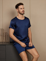 [Bleu Foncé] SilkSilky-FR Pure Soie Manches courtes Col Rond Homme Pyjamas 004