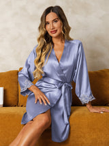 [Bleu Acier] SilkSilky-FR 3/4 Sleeve Femme Peignoir 004