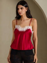 [Rouge Vineux] SilkSilky-FR Spaghetti Strap V Neck Top À Fines Brides 001